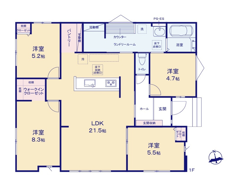 ケイアイフィット　日立市東大沼町　12期 　2の間取り|　
☆アイランドキッチンがおしゃれな平屋建てです！広々とした洗面室は2WAY出入り口の回遊性のある間取りで生活動線をコンパクトに。4.7帖洋室は家事室にも納戸にも◎