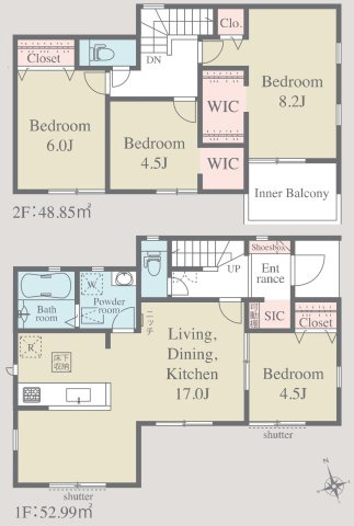 三郷市鷹野1丁目　新築戸建　全2棟　2号棟の間取り|WIC2ヶ所＋SIC完備で収納充実！