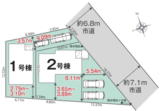 三郷市鷹野1丁目　新築戸建　全2棟　2号棟の区画図|家族の車＋来客用にも便利な2台駐車可能