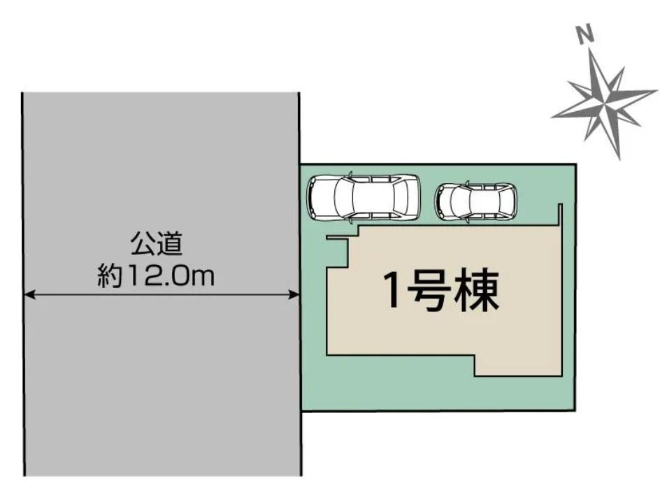 【Blooming Garden】立川市東大和若葉町の区画図|前面道路が12ｍあり、開放感ある立地です◎
駐車スペースは車種により2台分！
セカンドカーをお持ちの方にもオススメです

