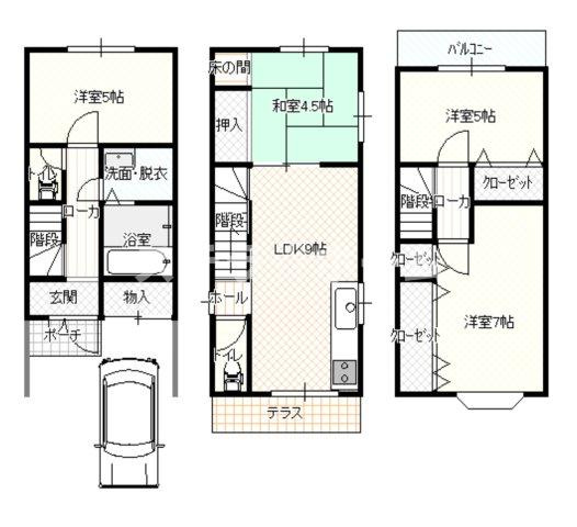 塚本5 中古戸建の間取り|和室・洋室揃った4LDKです