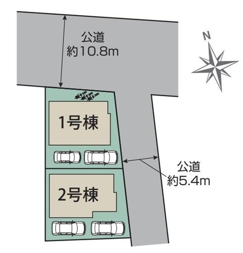 【Blooming Garden】立川市若葉町１丁目の区画図|来客時に便利な駐車2台可能（車種による）♪