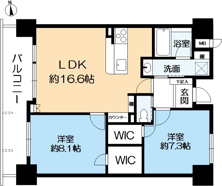 ロイヤルヒル北野の間取り|2LDK、価格4,978万円、専有面積69.49㎡、バルコニー面積12.62㎡。