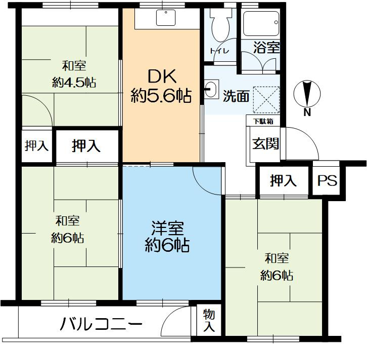 渦ヶ森コーポ壱号棟の間取り|専有面積67.85㎡ 4DKです。
南側に全面棟がないためバルコニーからの景色は絶景です。
ご自身でリフォームをご希望のお客様にぴったりのお部屋となっております。
