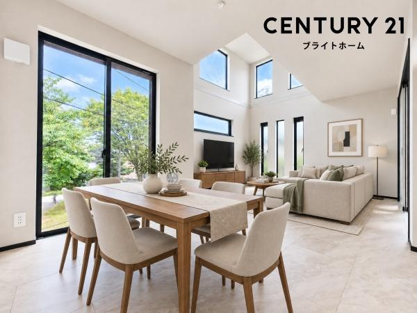 横浜市戸塚区鳥が丘の新築一戸建の居間・リビング|吹抜けがある明るいリビング♪
解放感がありのびのび生活できます！
※家具等はＣＧでの参考レイアウトです。
