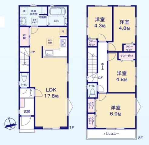 【横浜市旭区今宿西町244全2棟新築戸建て】★仲介手数料無料★（都岡小学校・今宿中学校）の間取り|約17.8帖のLDKを中心とした4LDK。対面式キッチンや豊富な収納を備え、2階には4つの洋室を配置した、家族で使いやすい間取りです。