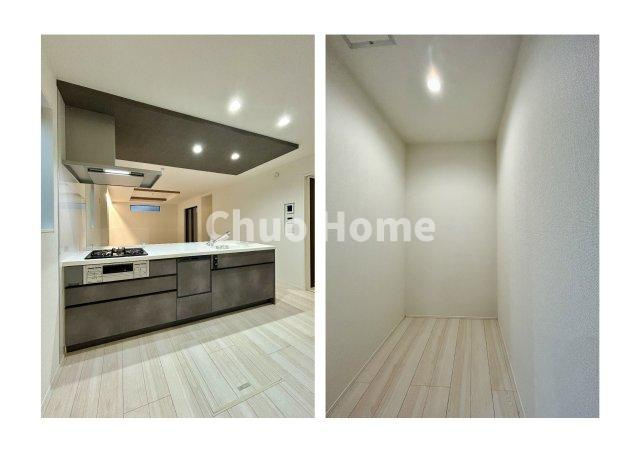 江戸川区東小岩3丁目新築分譲住宅のキッチン|ワイドで収納豊富なシステムキッチン・背面にはパントリー付きです