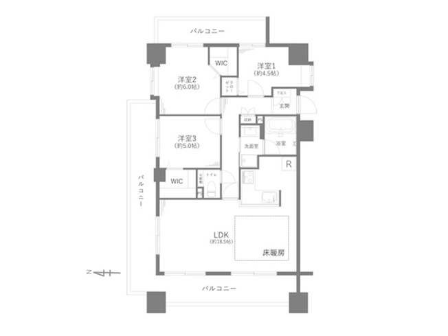 【間取り】 | レーベンハイム・フォレチッタガーデン（朝霞店） | 約18.5帖・2面採光のゆったりとした李リビングが魅力的な3LDKのお部屋です◎
３面バルコニーで室内に太陽光がしっかり届く明るい室内となっております。