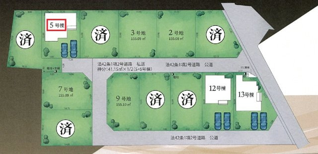 所沢市中富・全13棟　新築一戸建　5号棟　～LDK18帖～の区画図|【全13棟・5号棟】
並列駐車2台可(車種制限あり)、南道路に面し日当たり良好です。
