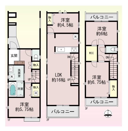 【間取り】 | 東大阪市荒川2丁目 | 3階建【全洋室4LDK＋車庫】2階：南向きバルコニー☆3階：両面バルコニー☆24時間換気システム・複層ガラスサッシ・シックハウス対策☆