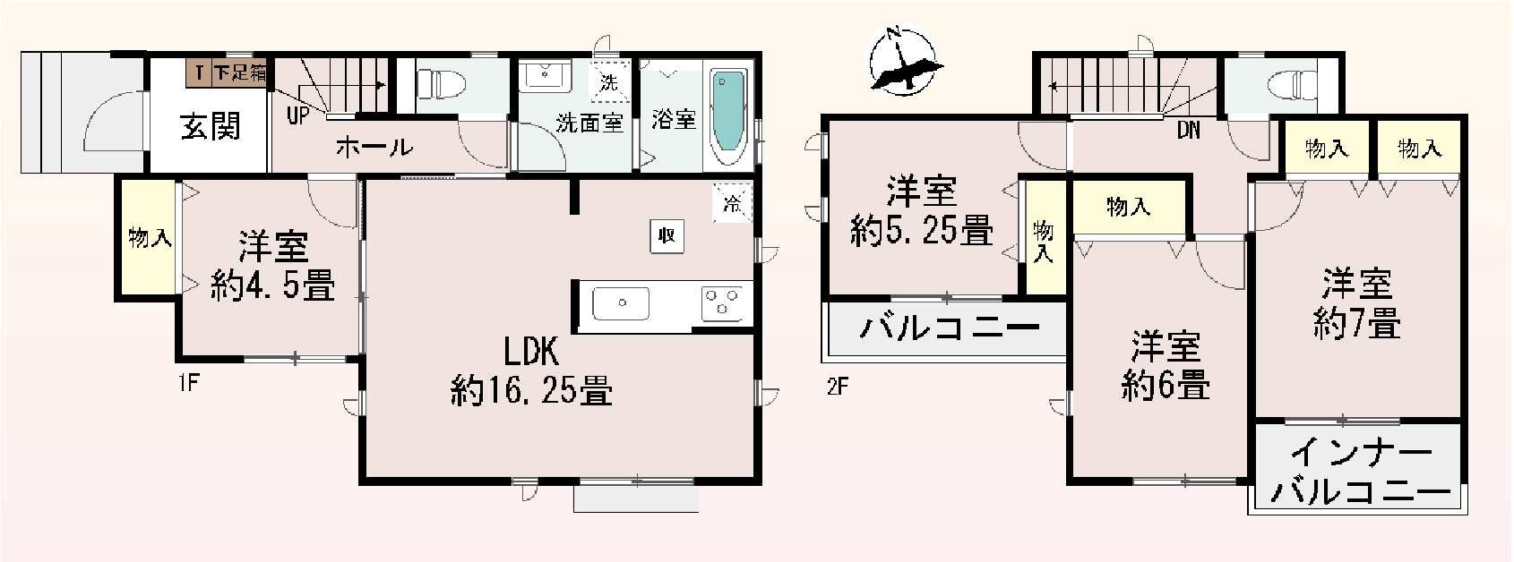 新築　高崎市並榎町　Heartful　Town　B号棟の間取り|建物面積96.05㎡　全居室南向き♪各部屋収納付きで便利です！インナーバルコニーなので急な雨でもお洗濯物も安心です。