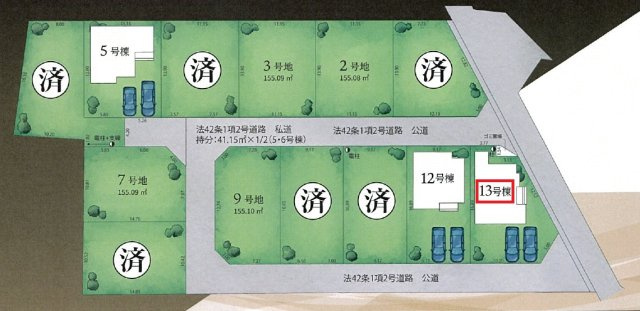 所沢市中富・全13棟　新築一戸建　13号棟の区画図|【全13棟・13号棟】
並列駐車2台可、日当たり・通風良好な北東・南東角地です。