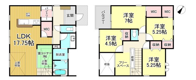 知多市梅が丘1丁目　全3棟　2号棟の間取り|4LDK+畳コーナー+3WIC+パントリー+脱衣室+フリースペース☆