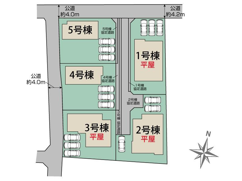 新築　前橋市女屋町全5棟　Blooming　Garden　3号棟の区画図|3号棟　区画図　西側接道幅員約4ｍ
