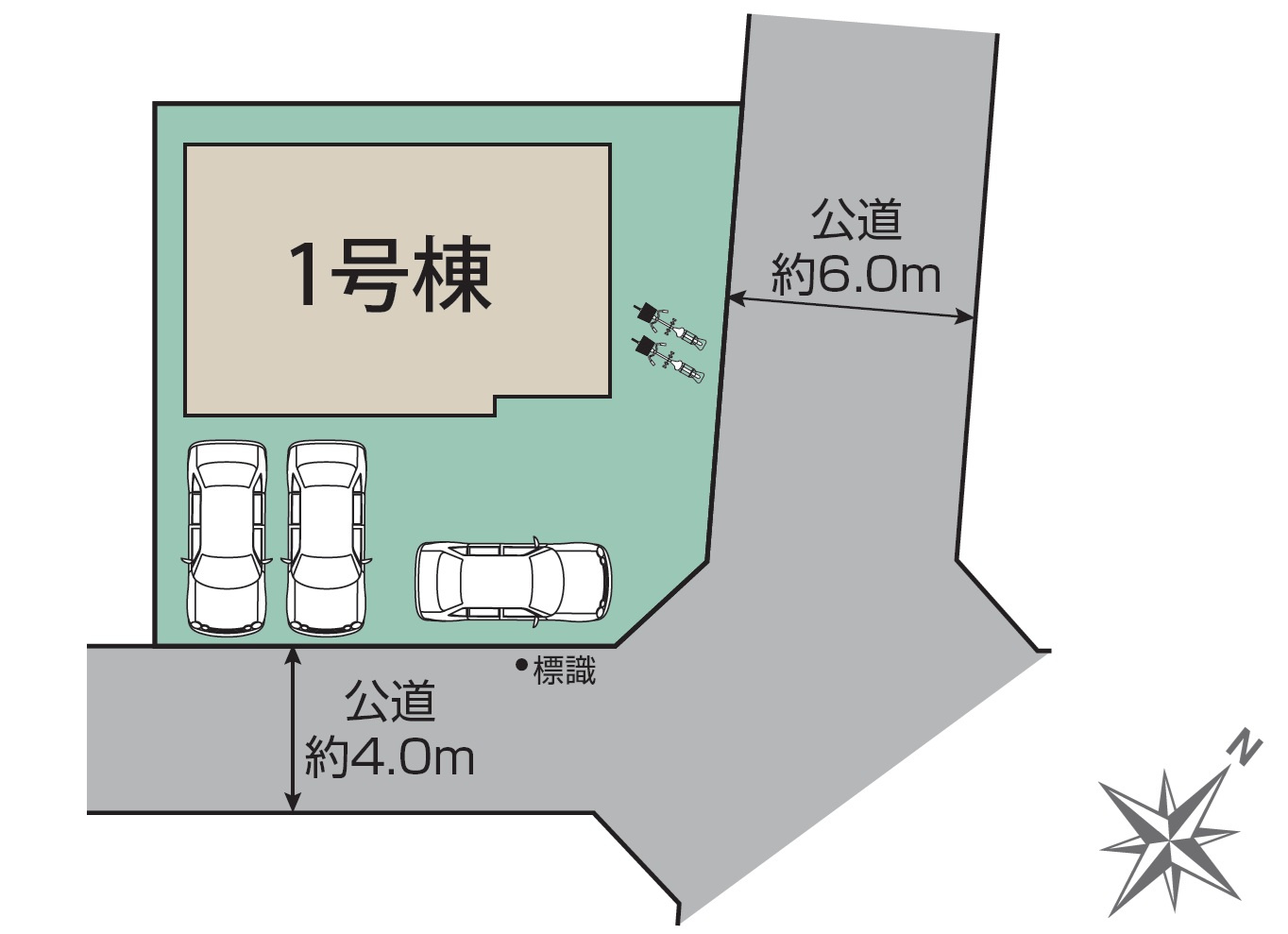 入間市東町7丁目・全1棟　新築一戸建　の区画図|南西角地の敷地面積50坪超、ゆとりある車庫スペース3台分。