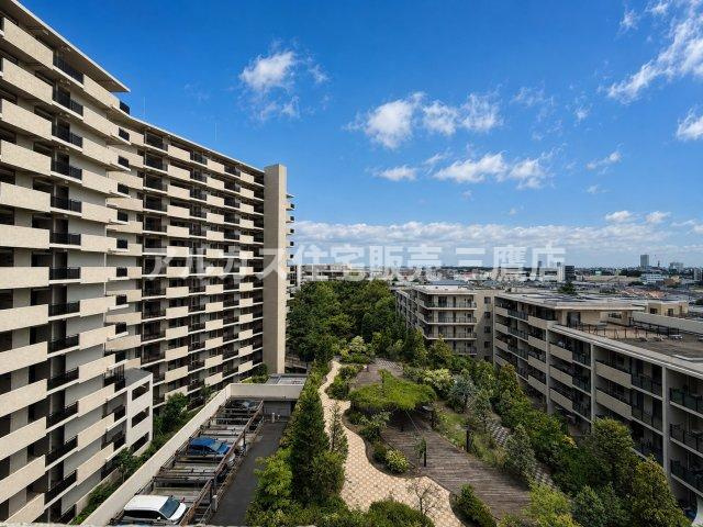 グランドメゾン杉並シーズン6の展望|広大な敷地内に豊かな中庭と植栽が広がり、遠くの街並みまで見渡せる解放感あふれる敷地全景。