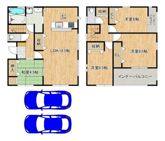 【間取り】 | 日置荘西町８丁　新築一戸建 | 【土地約３８．５５坪】並列に駐車２台可能！セカンドカーや来客時にも安心！角地ですので、駐車しやすく運転の苦手な方も安心ですね！