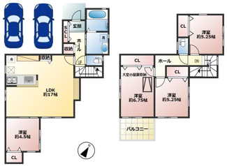 【間取り】 | 加古川市平岡町高畑　築浅一戸建て | 3380万円、4LDK+S（納戸）、土地面積120.44平米、建物面積95.64平米 ◆4ＬＤＫの全室洋室で収納付きの為、お部屋がスッキリと片づきます♪
多目的に使える大型小屋裏収納あり♪