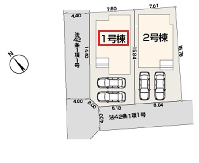 入間市久保稲荷4丁目・全2棟　新築一戸建　1号棟の区画図|【全2棟・1号棟】
並列駐車2台可、日当たり・通風良好な南西角地です。