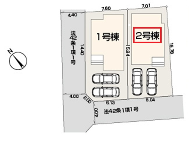 入間市久保稲荷4丁目・全2棟　新築一戸建　2号棟の区画図|【全2棟・2号棟】
並列駐車2台可、南東道路に面し日当たり良好です。