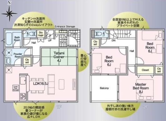 【Cradle Garden】　下妻市加養　第１　全1邸の間取り|〇3LDK〇
タタミコーナー付き広々リビング♪
家事の負担を減らす『水廻り集中』設計♪