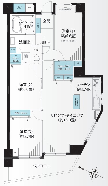 出来るだけ上階が良い方へ。６階だったらイケますか？？ペット飼える角部屋って素敵すぎ！！あの六角橋商店街が庭となる『D‘クラディア横浜白楽』リノベーションはイケてます！！トランクルームもあるよ。の間取り