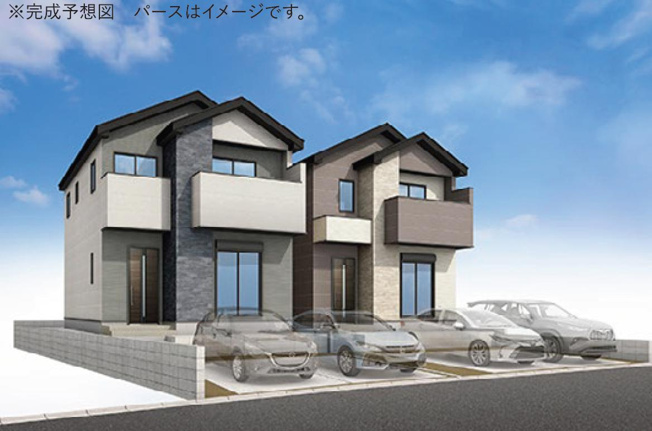 【外観パース】 | 守谷市松ケ丘7期　新築戸建　2号棟 | 小中学校まで、それぞれ徒歩11分圏内！公園も近く子育て環境良好です(^^)/
（2号棟）
