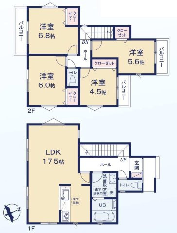 【横浜市旭区万騎が原108-5全3棟新築戸建て】★仲介手数料無料★（万騎が原小学校・万騎が原中学校）の間取り|約17.5帖のLDKを中心とした4LDK。2階に4つの洋室を配置し、全居室収納付き。3か所のバルコニーを備え、採光や通風にも配慮された間取りです。