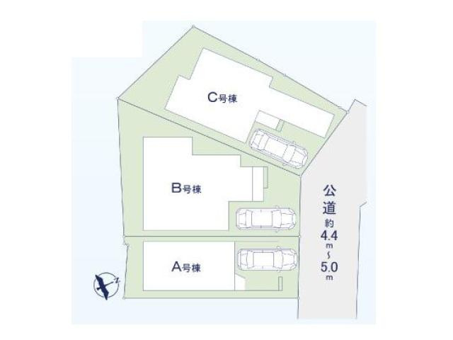 【横浜市旭区万騎が原108-5全3棟新築戸建て】★仲介手数料無料★（万騎が原小学校・万騎が原中学校）の区画図|幅員約4.4～5mの公道に面した全3棟。A号棟を道路側、B・C号棟を敷地奥に配置し、各棟にカースペースを確保した区画計画です。