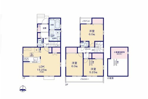 小平市学園東町３丁目３番の間取り|〇 本物件【２号棟】の間取・平面図です〇　敷地面積:107.74㎡　建物面積:83.62㎡