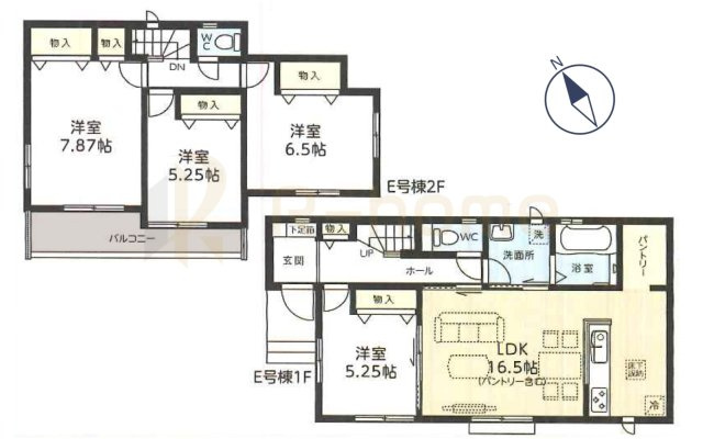守谷市薬師台2丁目　新築戸建て　E号棟の間取り|4LDK＋パントリー、土地面積170.10m2、建物面積97.91m2