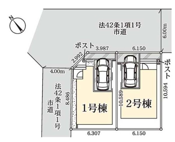 八潮市八潮6丁目　新築戸建　全2棟　1号棟の区画図|角地に位置する開放的な立地！3階建て住宅