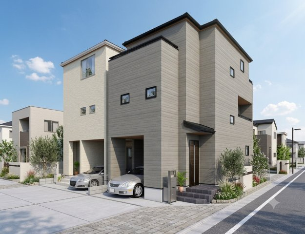 八潮市八潮6丁目　新築戸建　全2棟　1号棟の外観パース|完成予想図にCGによる画像処理を行っています。実際とは多少異なる場合がございます。