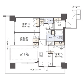 【間取り】 | ブランズタワー御堂筋本町 | 【間取り】収納充実の角部屋3LDKプラン！全室バルコニーに面し風通し良好◎
