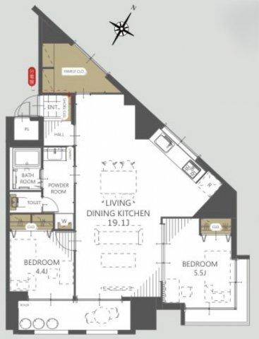 津田沼サニーマンションの間取り|3LDK 専有面積68.76m2 バルコニー面積4.86m2
7階部分の角部屋で風通しも良好です。各居室に加え、大型のファミリークローゼットを備えた収納力のある使いやすい間取りです。