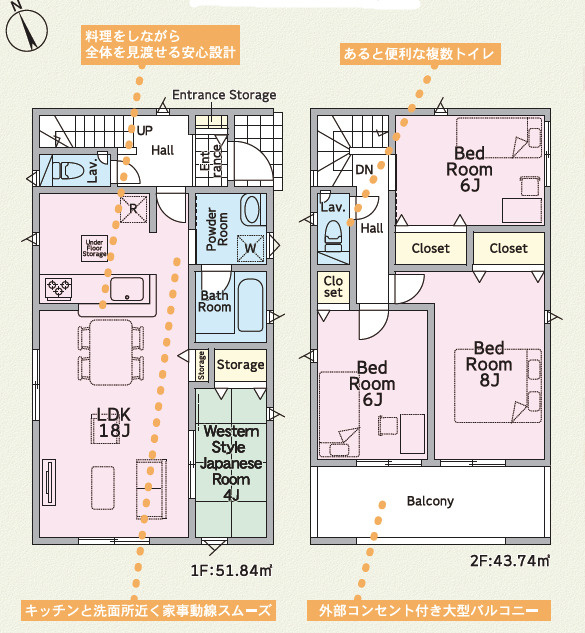 土浦市桜ケ丘町第5　新築戸建　4号棟の間取り|水回りが1か所に集約された効率的な動線設計。忙しい朝も家事がスムーズに進みます♪