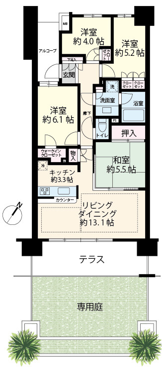 階下に住戸がなく、気兼ねの要らない専用庭付きの1階
