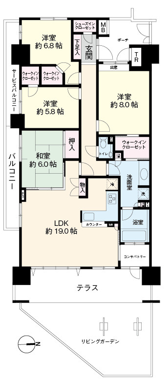 110.82㎡の４LDK。床下収納を始め充実した間取プラン。多目的利用の出来るコンサバトリー付き。観葉植物。ワンちゃんのお部屋。花粉症対策ランドリールームなどなど