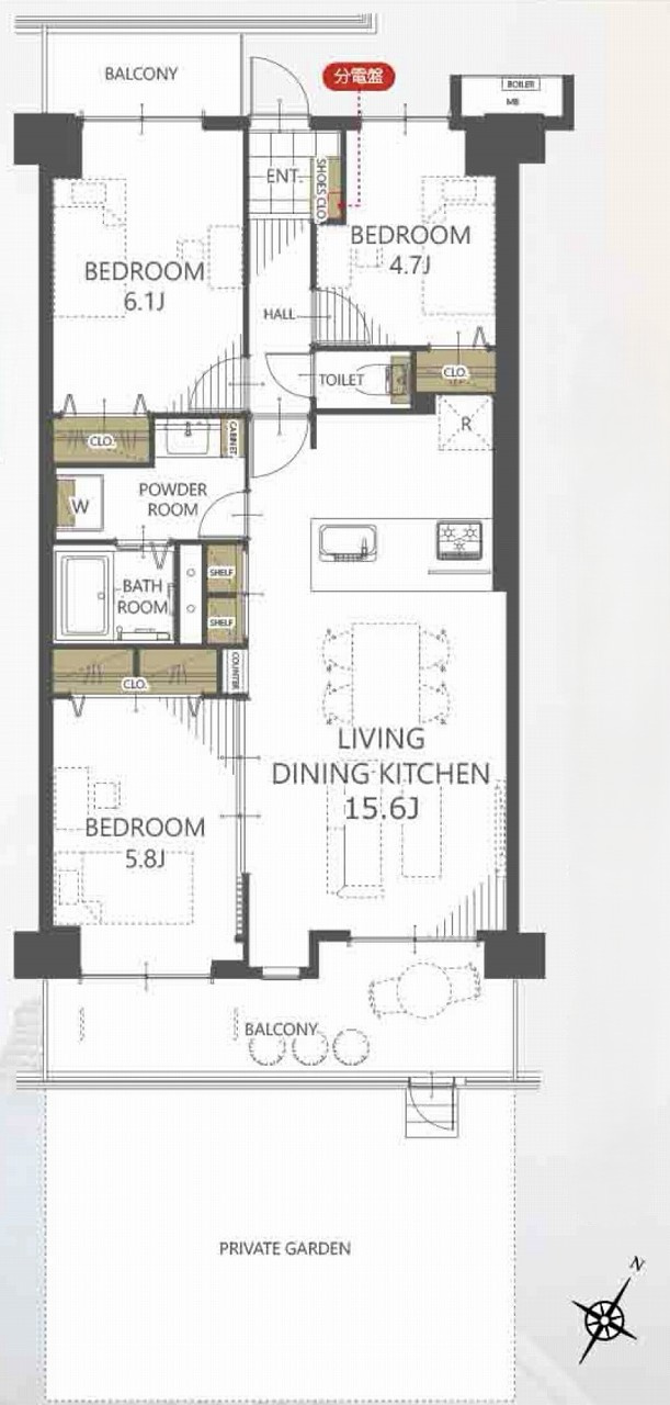 メイツ草加の間取り|3LDK 専有面積71.14m2 バルコニー面積10.76m2専用庭面積28.35ｍ2