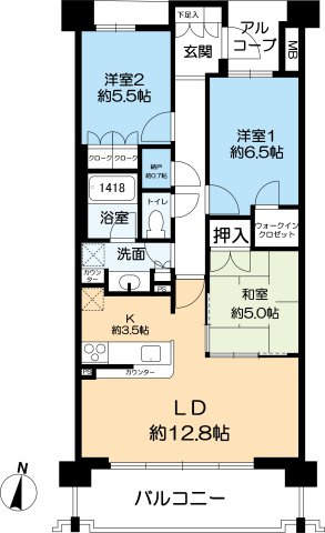 パークホームズ夙川松下町の間取り|3SLDK　76.39㎡　最上階南向き住戸のため、陽当たり、通風良好です。