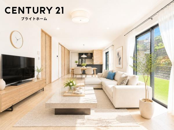 横浜市港北区高田西５丁目の新築一戸建の居間・リビング|自慢したくなるリビング！
形も良く家具の配置にも困りません。
※家具等はＣＧでの参考レイアウトです。