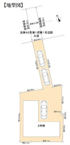【横浜市旭区東希望が丘170-59全2棟新築戸建て】★仲介手数料無料★（東希望が丘小学校・希望が丘中学校）の区画図|敷地面積約54坪のゆとりある区画。北側の幅員約8.5m公道へ通路部分で接道し、カースペースは3台分を確保した開放感のある敷地です。