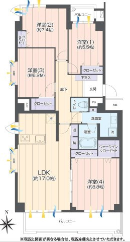 【間取り】 | グリーンコープ南大沢５号棟 | 4LDKはリビングダイニングキッチンと4つの居室がある間取りで、大家族や二世帯住宅に最適。広々としたリビングで家族団らんを楽しみ、個室でプライベートな時間も確保でき、快適な生活を送ることができますよ。