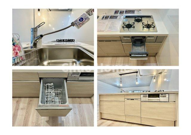 メゾンエクレーレ南千住のキッチン|【システムキッチン】ワイドで収納豊富な使い勝手の良いカウンターキッチンには、食洗器・伸縮タイプのキッチン水栓、三ツ口コンロ・魚焼きグリルなどの便利な設備が標準完備されています。