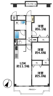 【間取り】 | シーサイドシャトー塩屋 | 63.84平米♪3LDK♪トランクルーム付き♪