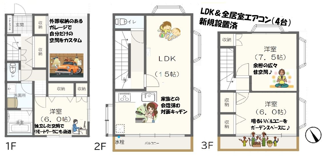 江戸川区篠崎町4丁目中古住宅の間取り|全室6帖以上の3LDK＋カースペース。新規リノベーション施工が完了いたしましたのでいつでも内覧が可能です。