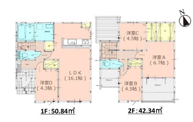 大野城市大城2丁目第2-1棟（1号棟）の間取り|全居室収納付きで便利です。