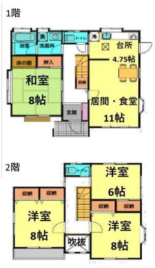 古河市大山　中古一戸建ての間取り|主寝室は８帖と広く使い分けの出来る２つの収納付き♪