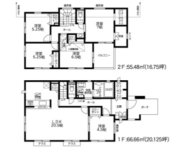 5LDKの間取りの戸建て住宅です。部屋数が多い為客間としてもお使いいただけます。