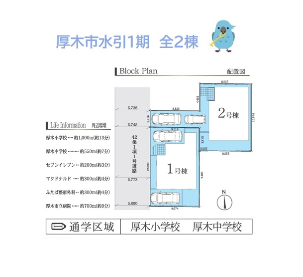 【区画図】 | 学区：厚木小・中学校は嬉しい徒歩圏内！コンビニ（徒歩２分）
小田急線「本厚木」駅にも近くて便利な、生活利便性に優れた駅チカ物件です♪